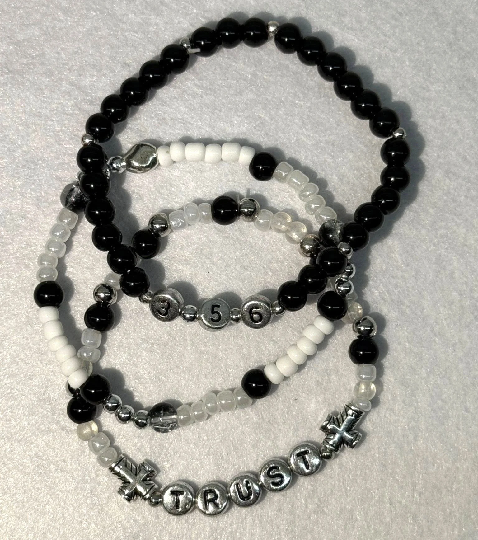 "Trust" Proverbs 3:5-6 Silver, Black & White, Bracelet Stack