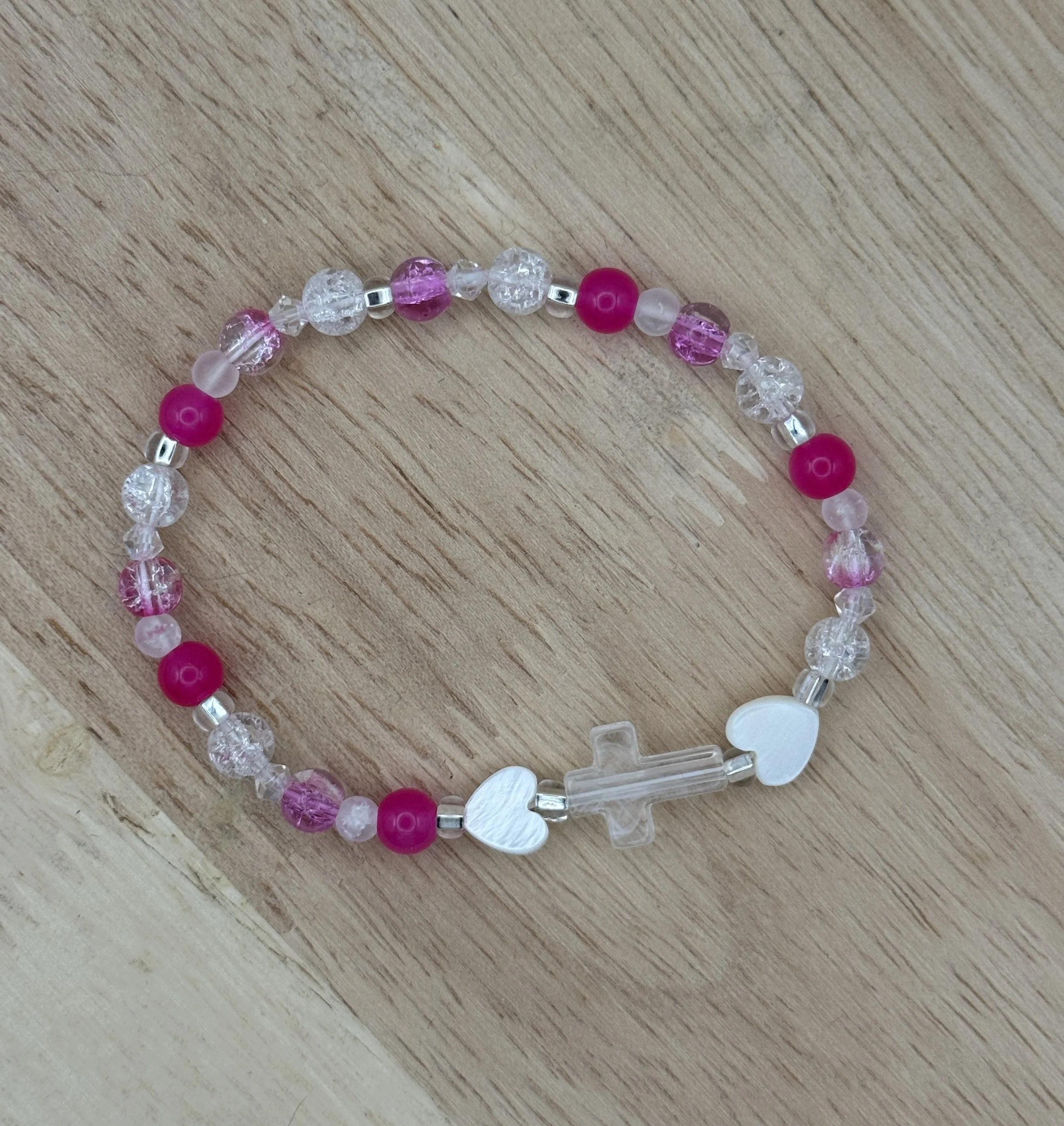 Hearts with Cross Bracelet, Pink, Single Strand