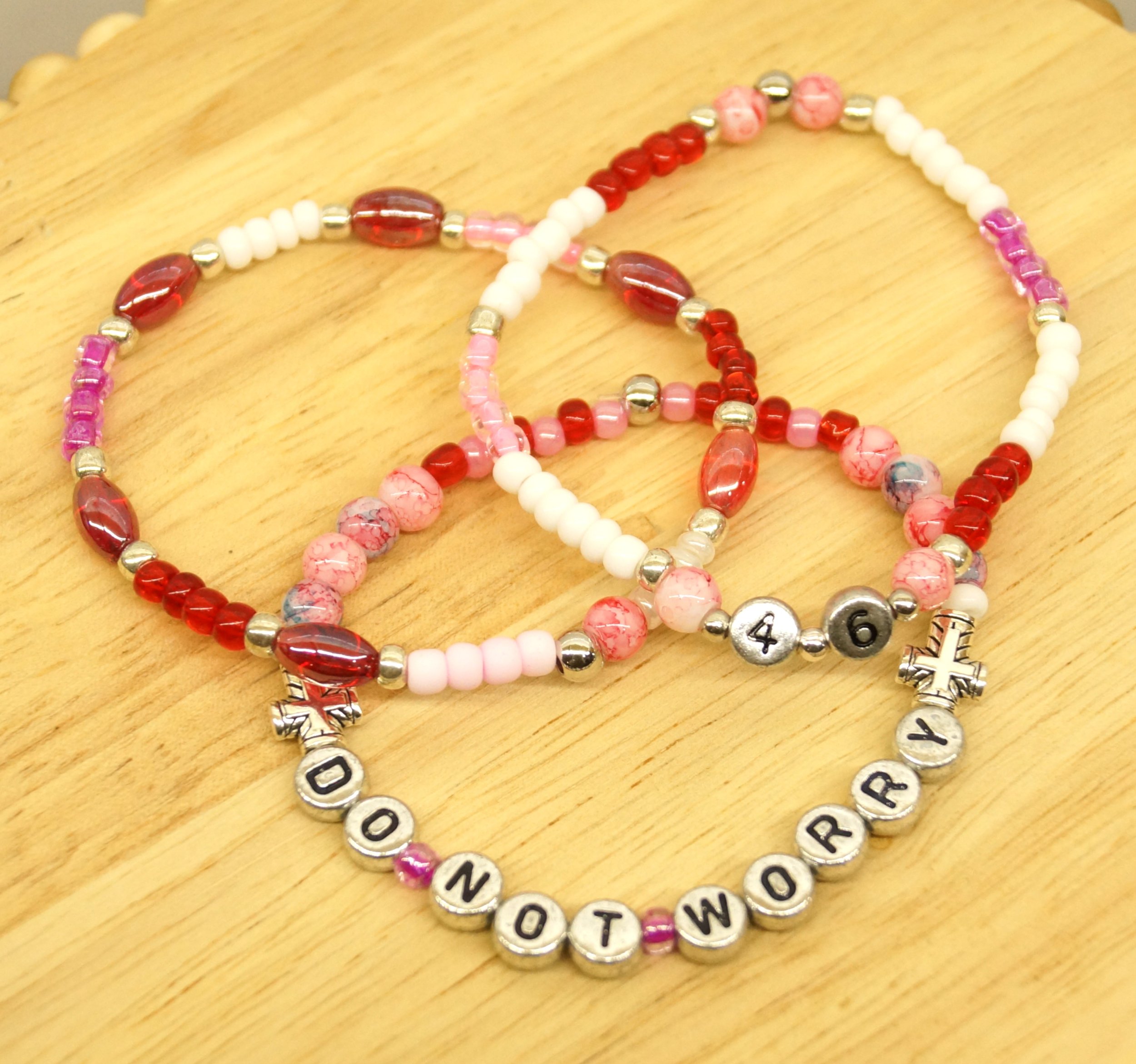 "Do Not Worry" Philippians 4:6 Pink & Red Bracelet Stack