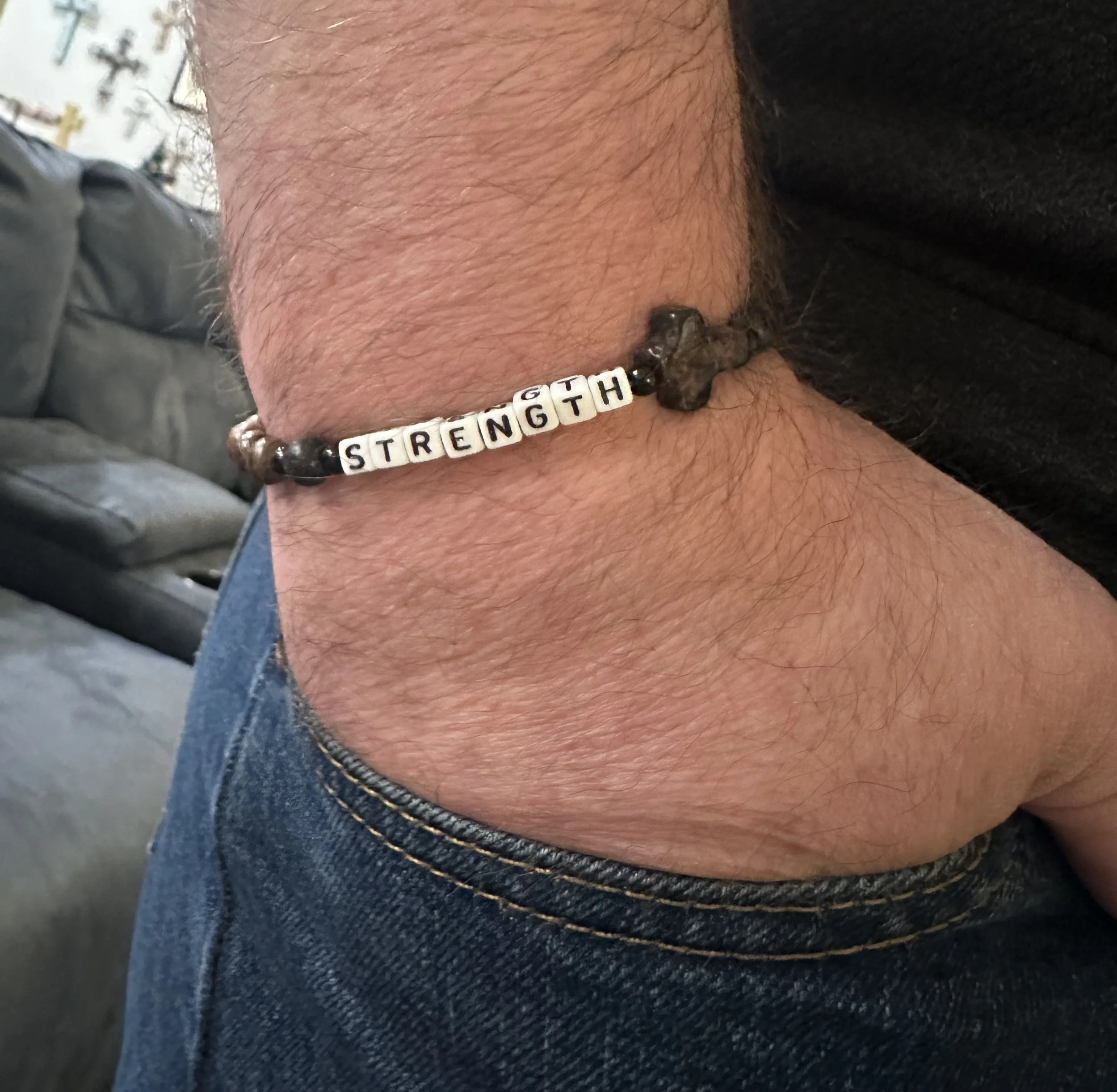 "Strength" Joshua 1:9 Men's Bracelet, Natural Wood & Opal