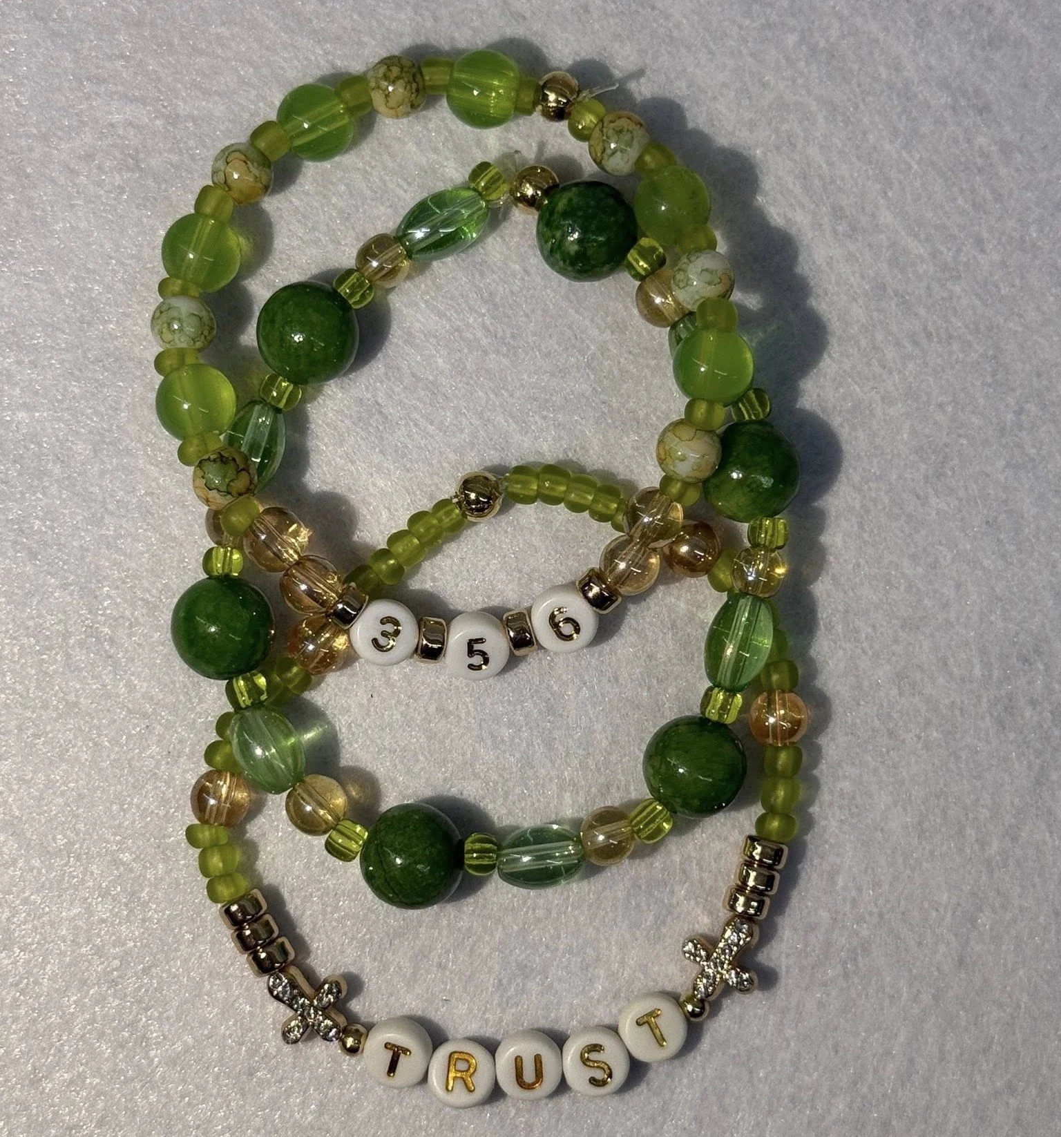 "Trust" Proverbs 3:5-6 Green & Gold-Colored Bracelet Stack