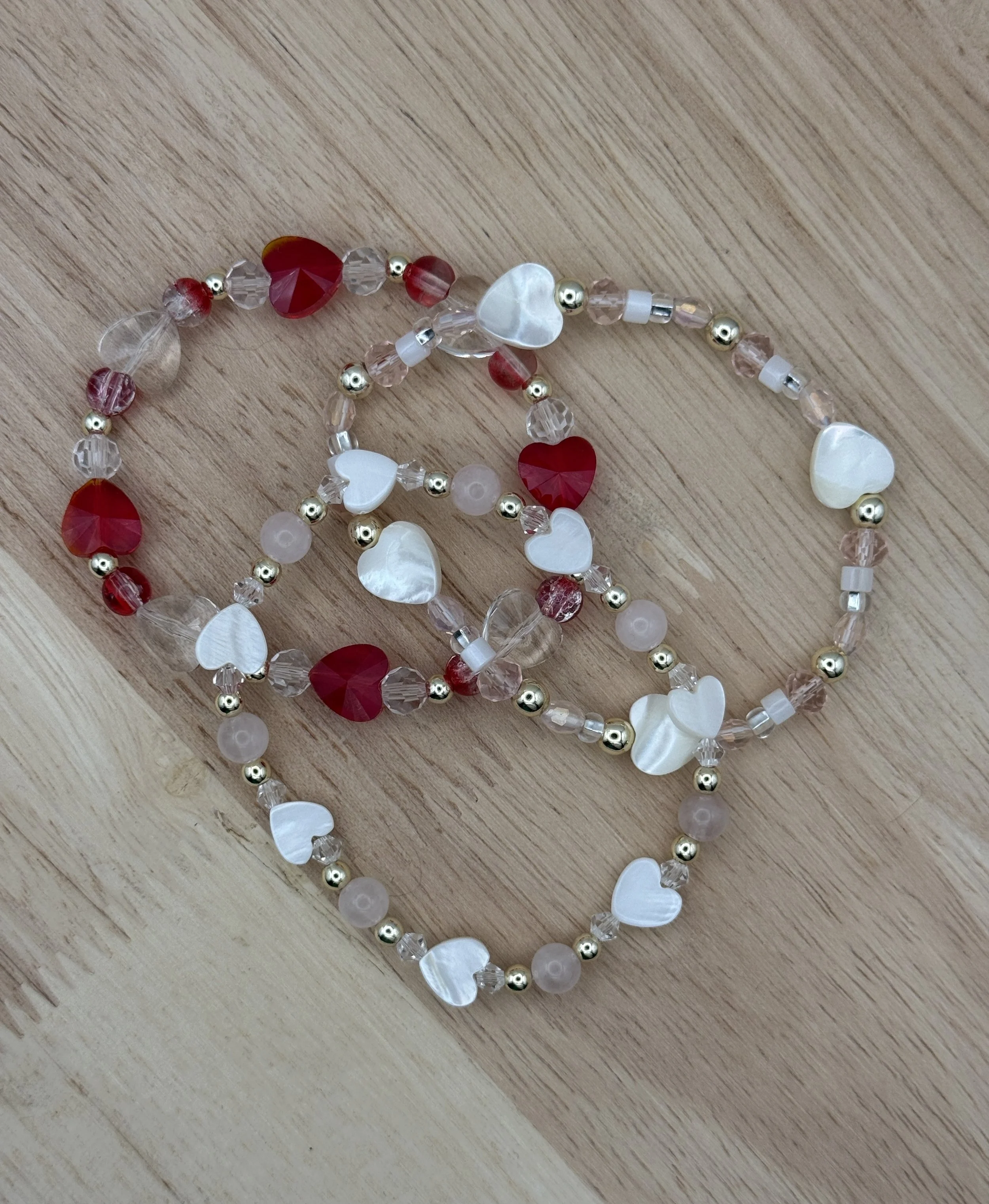 Red Glass and Natural Shell Hearts Bracelet 14K Accents