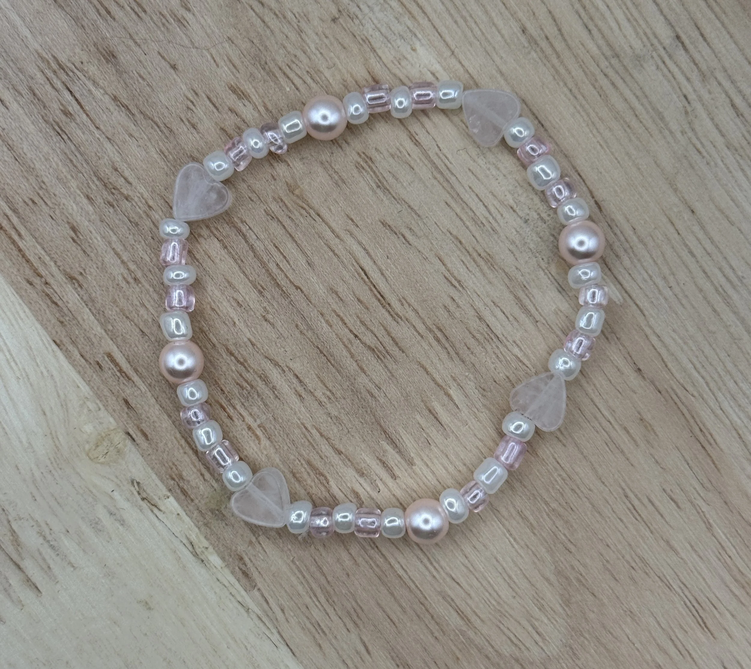 Glass Hearts Bracelet, Pink and White, Single Strand