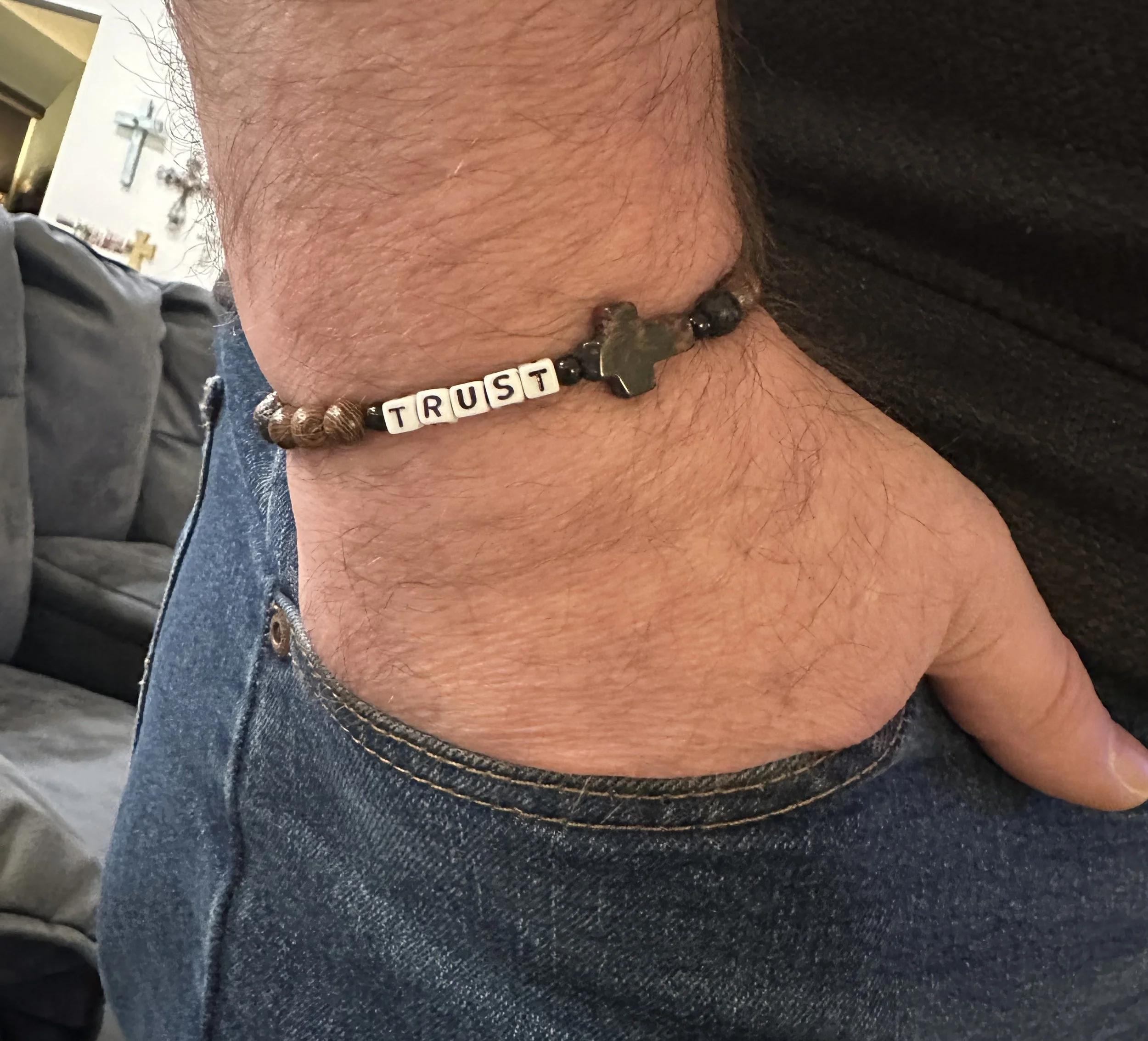 "Trust" Proverbs 3:5 Men's Bracelet, Natural Wood & Opal