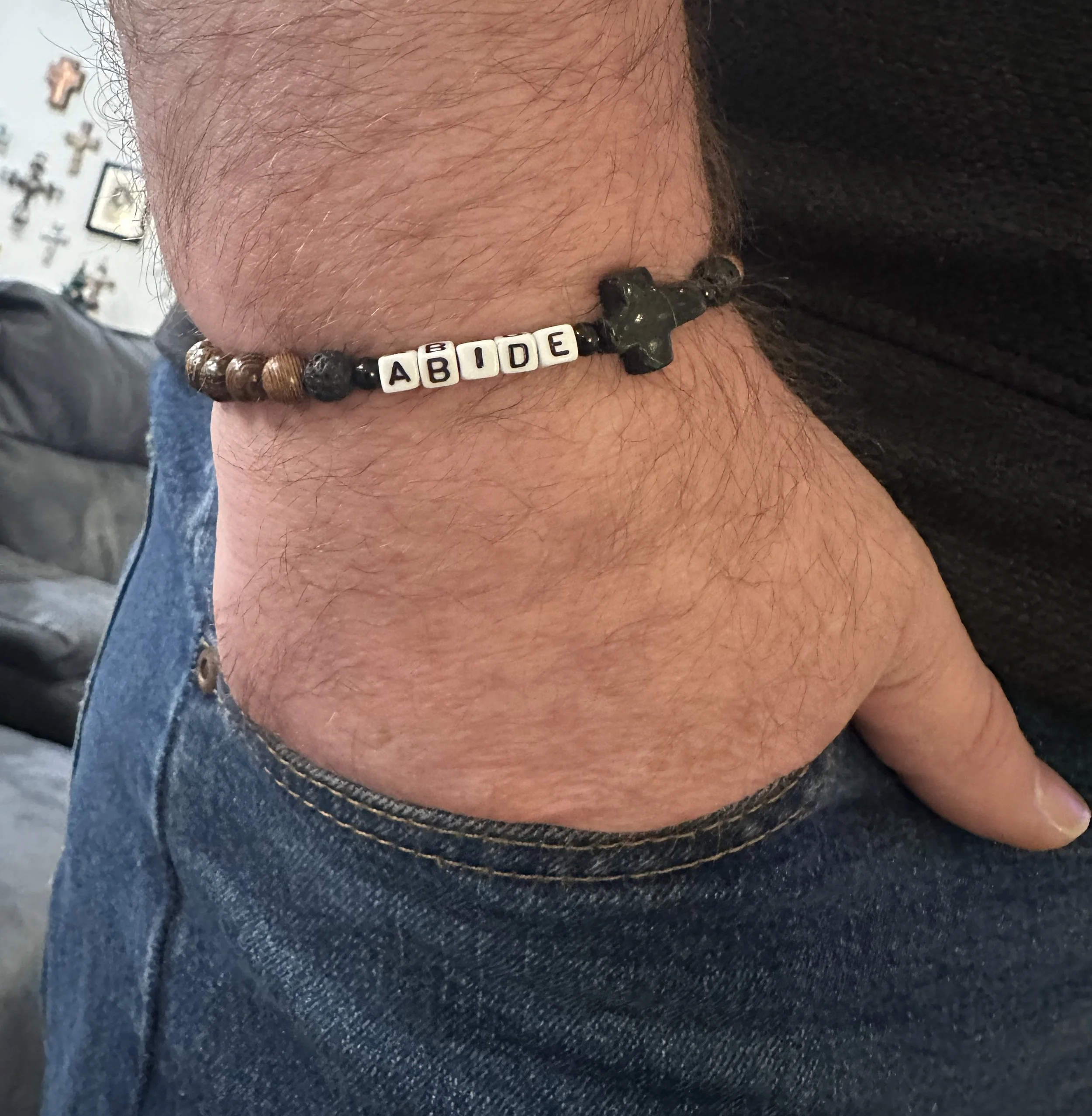 "Abide" John 15:5 Men's Bracelet, Natural Wood & Opal