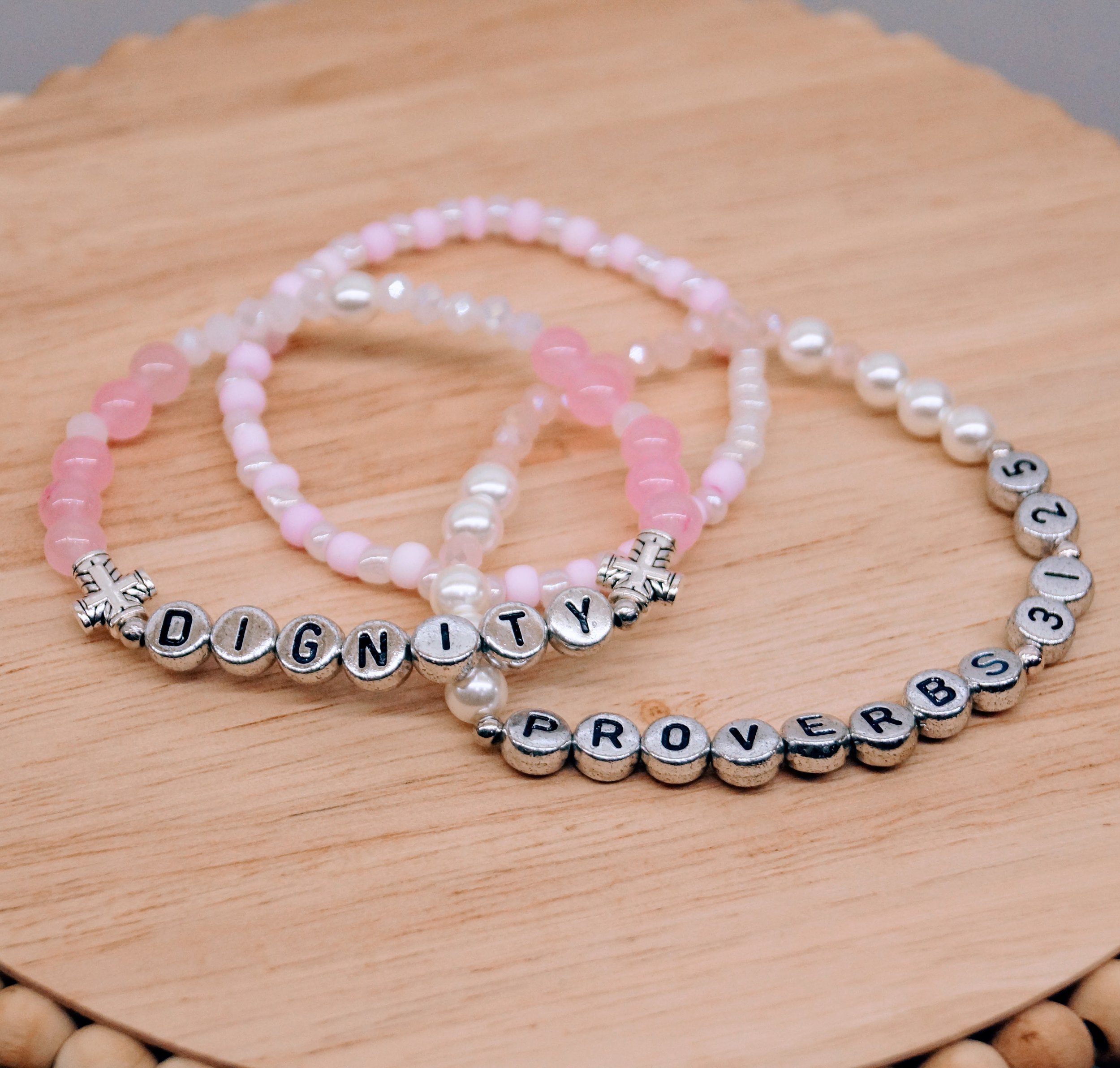 "Dignity" Proverbs 31:25 Silver, Pink & White, Bracelet Stack