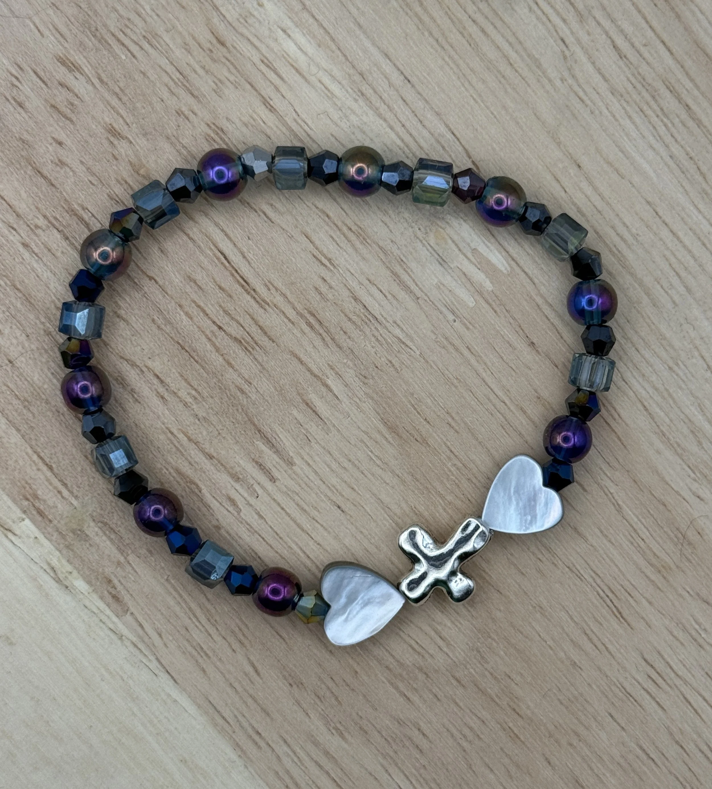 Hearts with Cross Bracelet, Purple, Single Strand