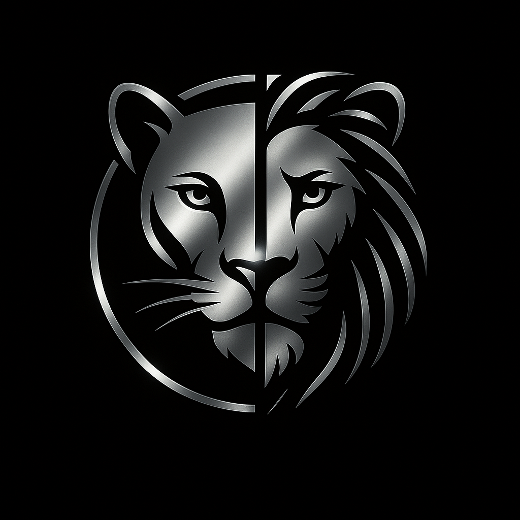 A stylized metallic lion's head logo on a black background, split vertically in the middle.