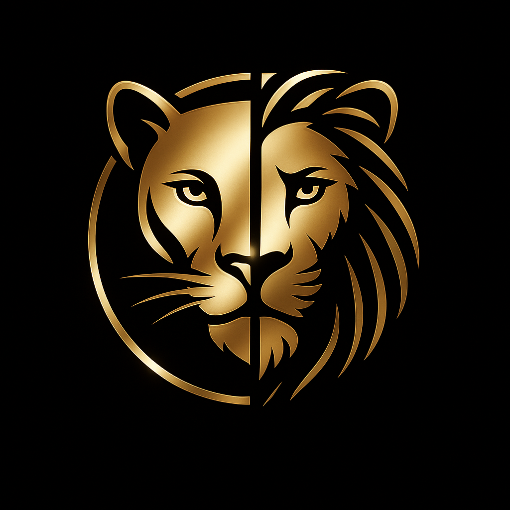 A gold lion face logo on a black background, stylized with symmetrical half-lion design.