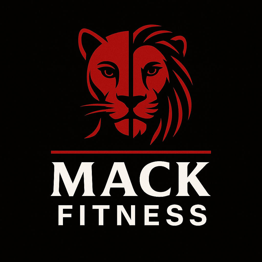 Logo for Mack Fitness featuring a stylized red lion's face with one eye and mane on a black background, with the words "MACK FITNESS" below.
