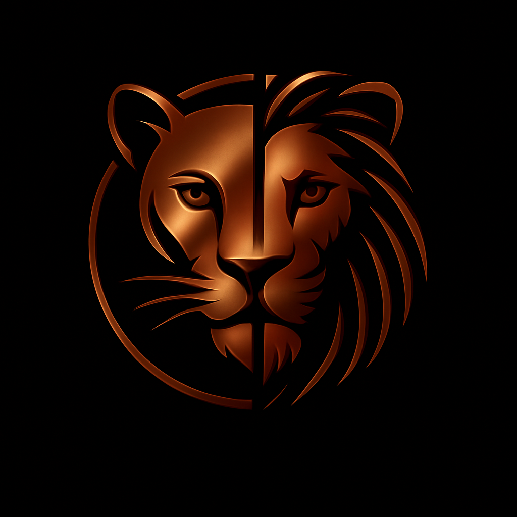 Stylized lion head logo in bronze color on a black background.