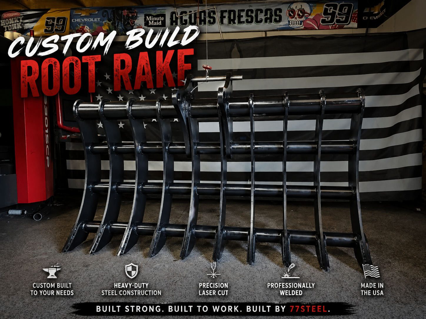 77Steel custom excavator attachment fabrication. We design and manufacture custom root rakes, buckets, and specialty attachments built to your machine and application.