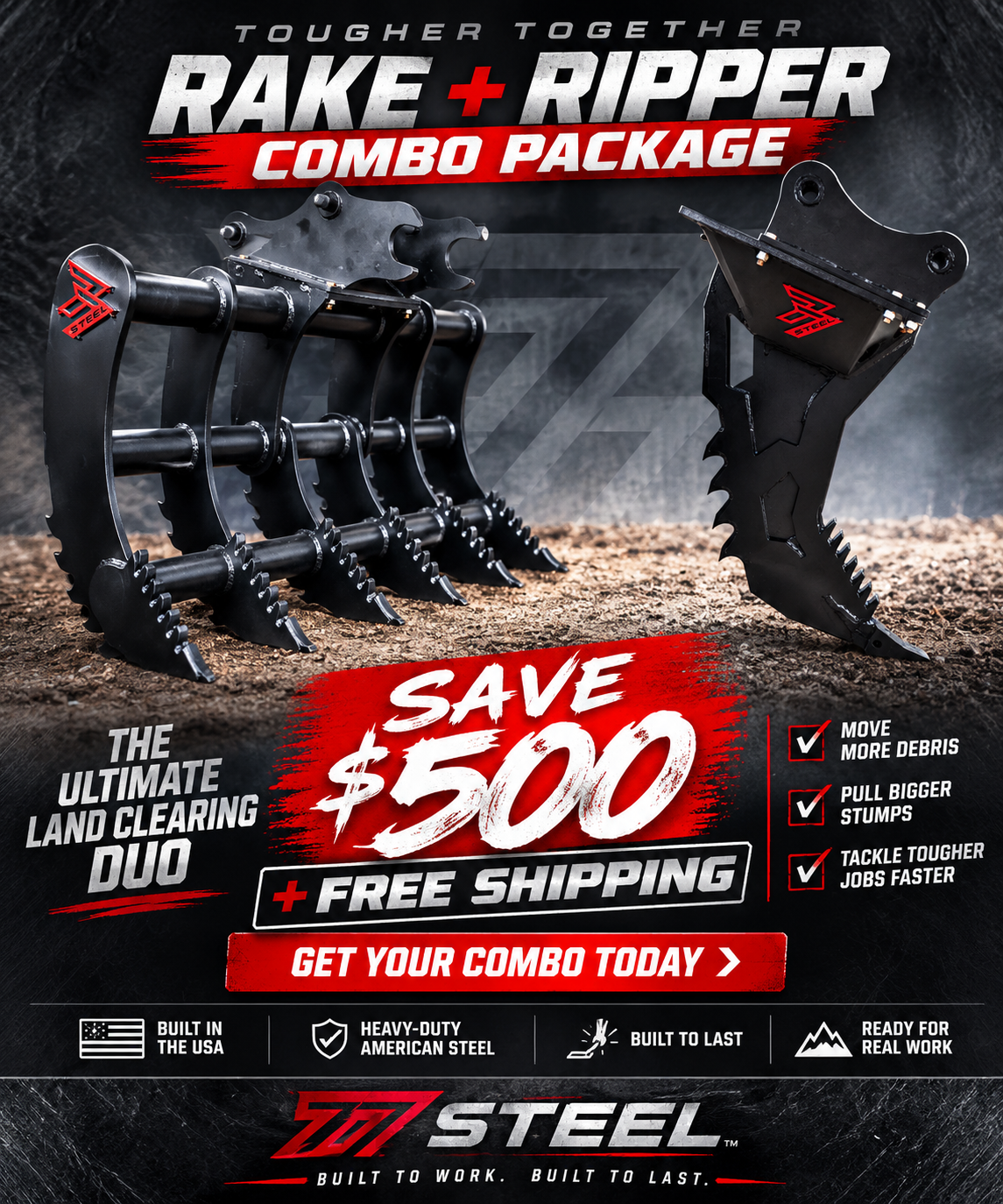 77Steel root rake and stump ripper combo for excavators up to 20,000 lbs. Designed to remove stumps, roots, brush, and debris faster than a bucket while improving land clearing productivity.