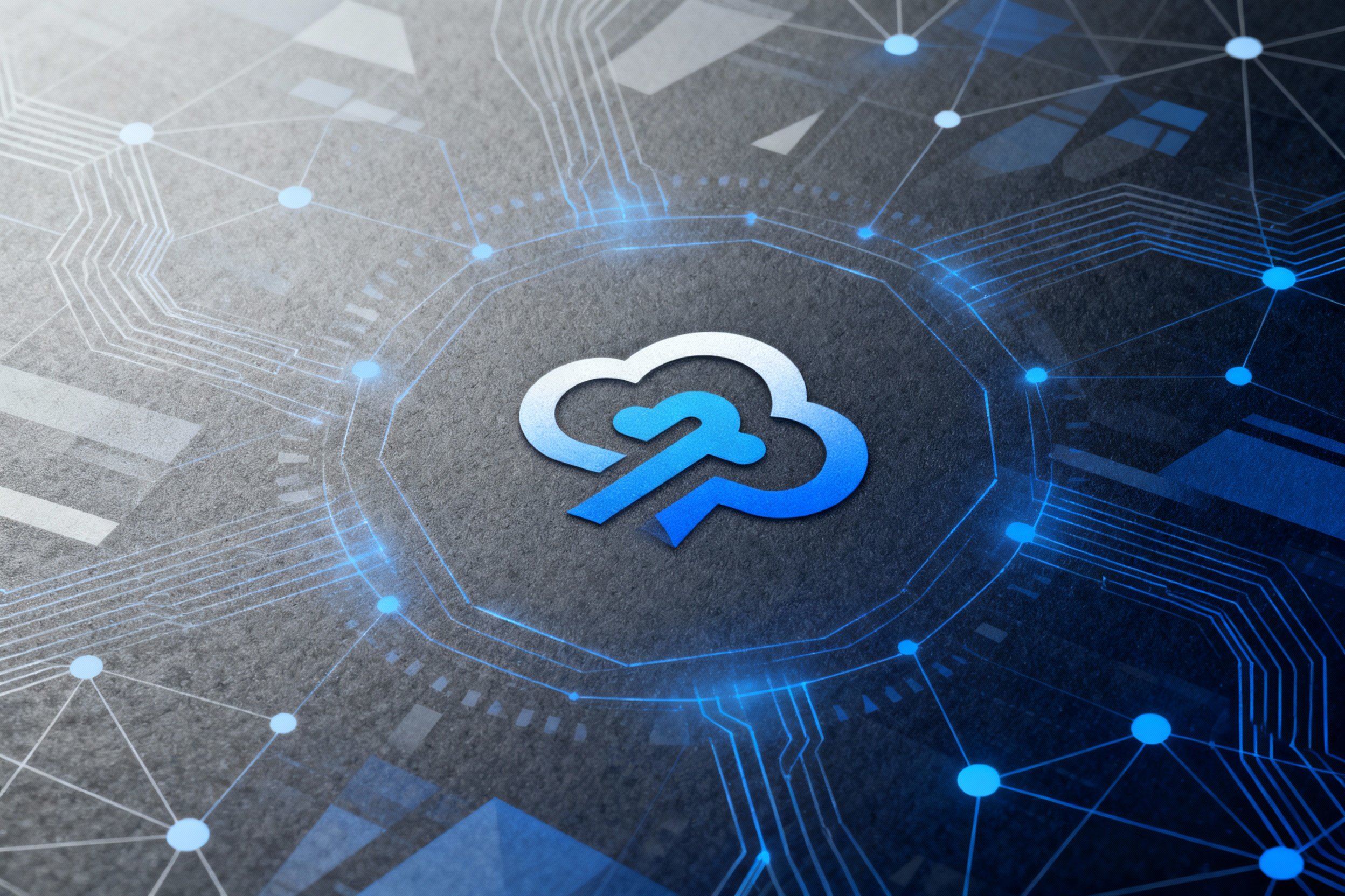 Futuristic digital illustration of a cloud with a data transfer arrow, surrounded by connected lines and glowing nodes, representing cloud computing and data networking.