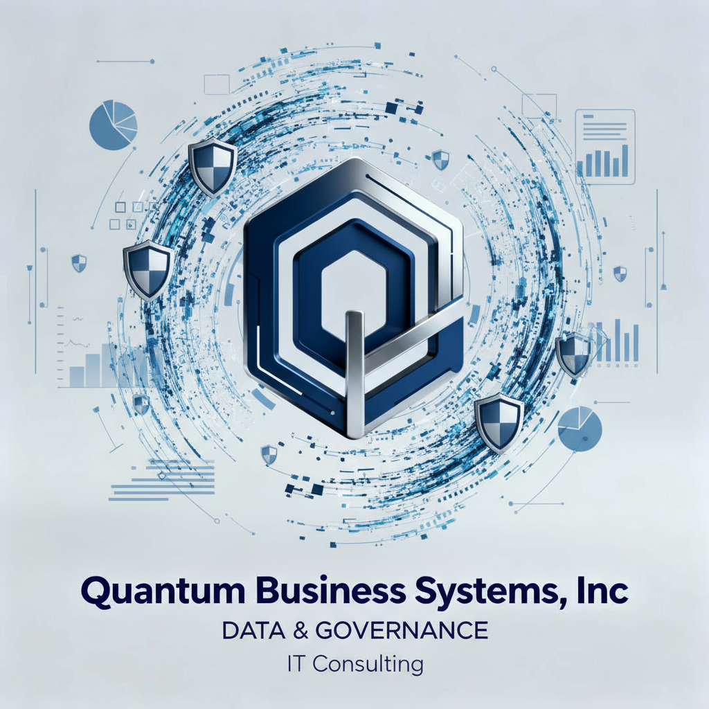 Logo for Quantum Business Systems, Inc with a shield emblem and digital graphics, including charts and data visualization elements, representing data governance and IT consulting.