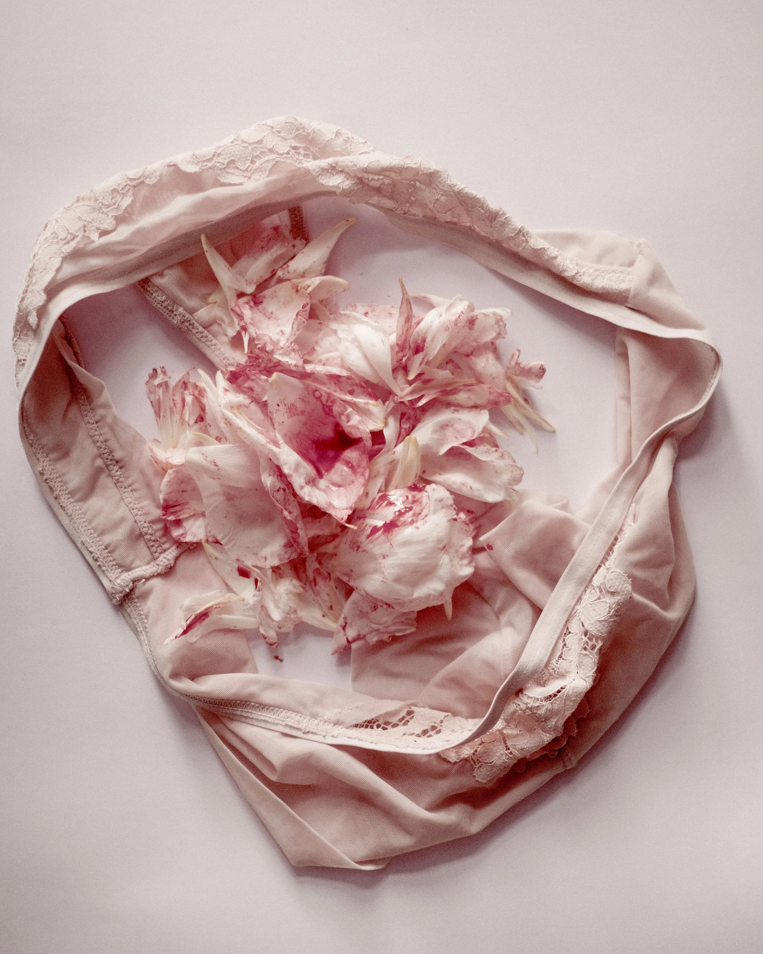 Pink lace underwear with shredded and stained fabric on a white surface.