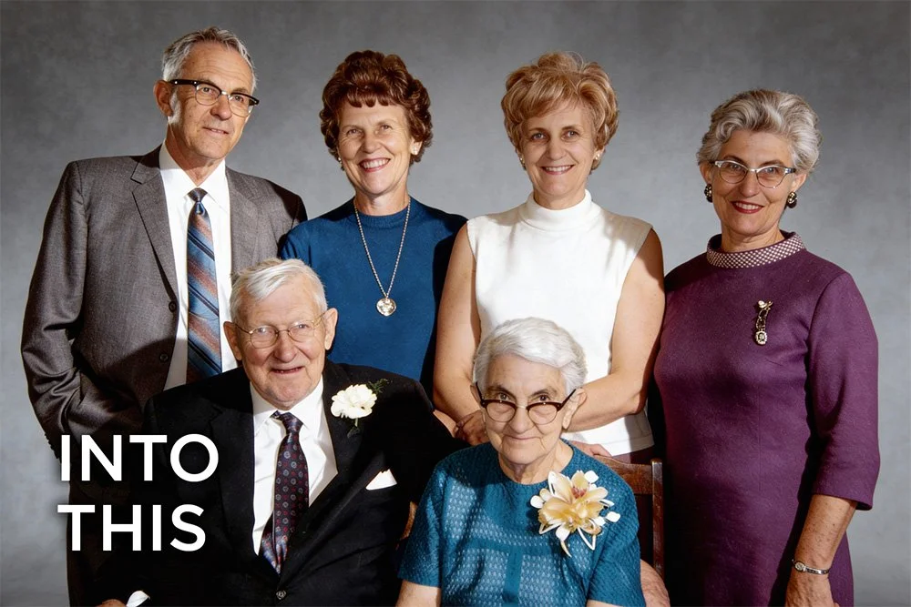 Side-by-side comparison of a damaged vintage photo and a clear, restored version, illustrating the 'Moments Made Clear' process.