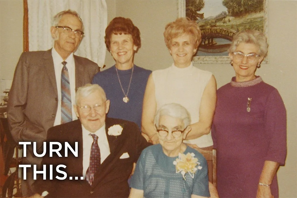 Side-by-side comparison of a damaged vintage photo and a clear, restored version, illustrating the 'Moments Made Clear' process.