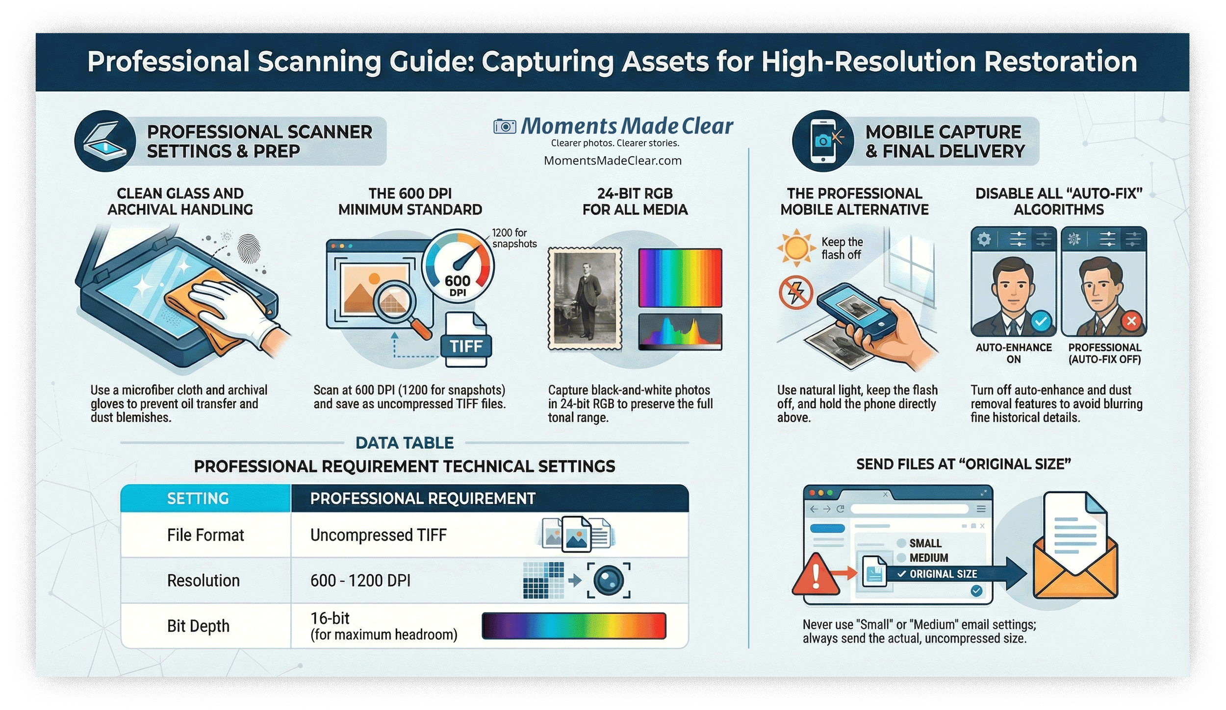 A professional scanning guide for capturing high-resolution digital assets. It includes steps for scanner settings, such as using a microfiber cloth and archiving gloves, scanning at 600 DPI, and saving files as uncompressed TIFF in 24-bit RGB color. The guide also covers mobile capture tips, like keeping the flash off and disabling auto-fix features, and provides technical requirements for file formats, resolution, and bit depth for professional work.