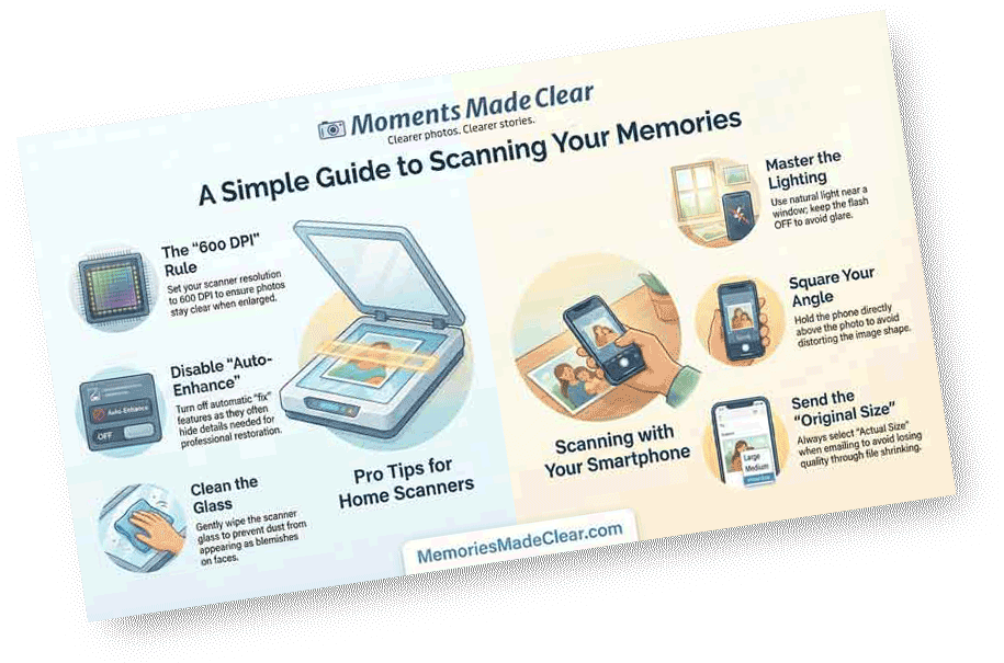 Infographic titled "Moments Made Clear: A Simple Guide to Scanning Your Memories". It shows a home scanner and tips for scanning with a smartphone, including: "The 600 DPI Rule", "Disable Auto-Enhance", "Clean the Glass", and guidance on scanning techniques like mastering lighting, square your angle, and sending at original size.