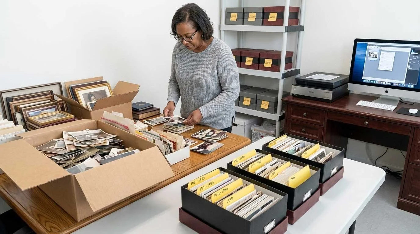 A woman organizing photographs at a desk with boxes and folders labeled by decades, in an office with a computer, printer, and shelves.