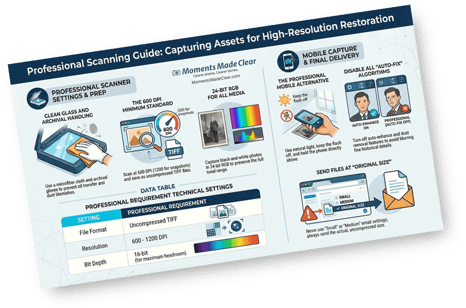 Professional scanning guide for capturing assets for high-resolution restoration, including scanner settings, moments made clear, and mobile capture tips.