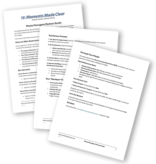 Three printed pages of a business guide or brochure with the title 'Moments Made Clear,' outlining partner services, pricing, and contact information.