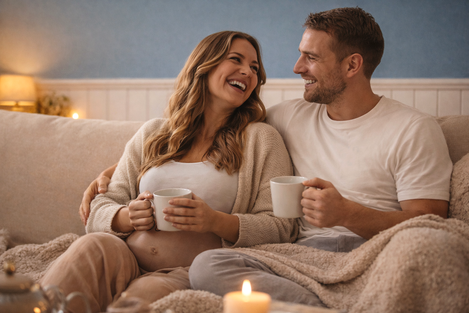 Pregnant couple relaxing on a sofa, preparing for antenatal classes in Exmouth
