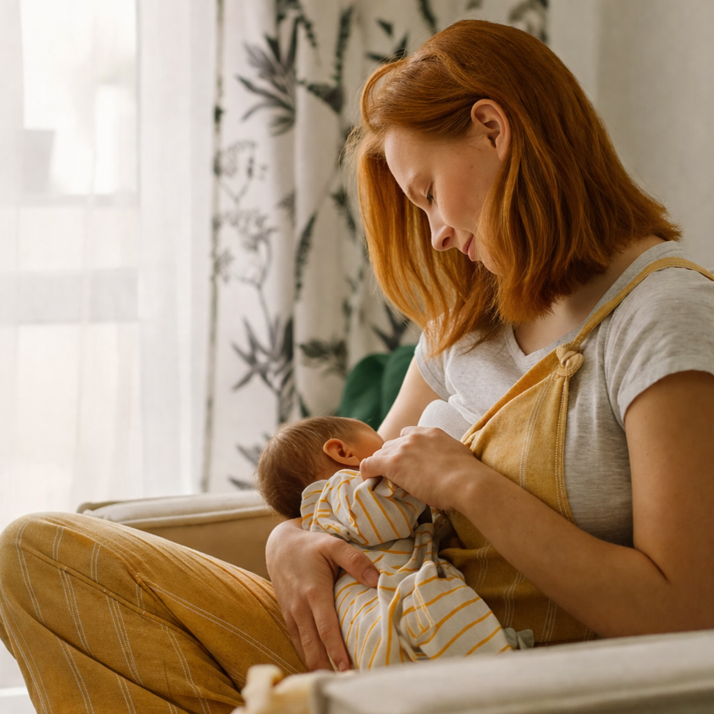 new mum sat in living room wearing ochre colour dungerees breastfeeding her new baby. Looking loving at him as he feeds calmly