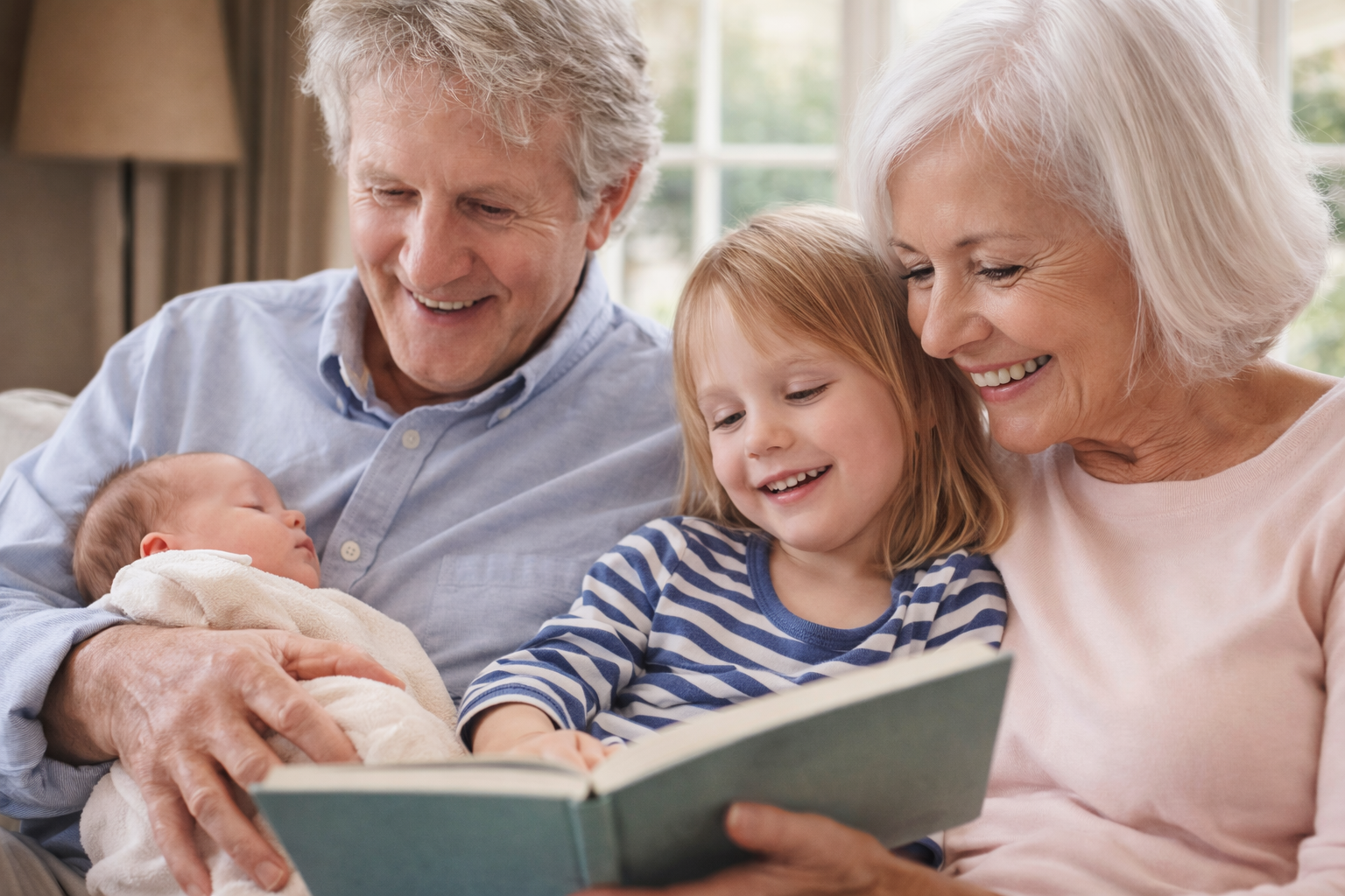 grandfather holding new born baby and grandmother cuddling grandson. all sat on a sofa together reading a book
