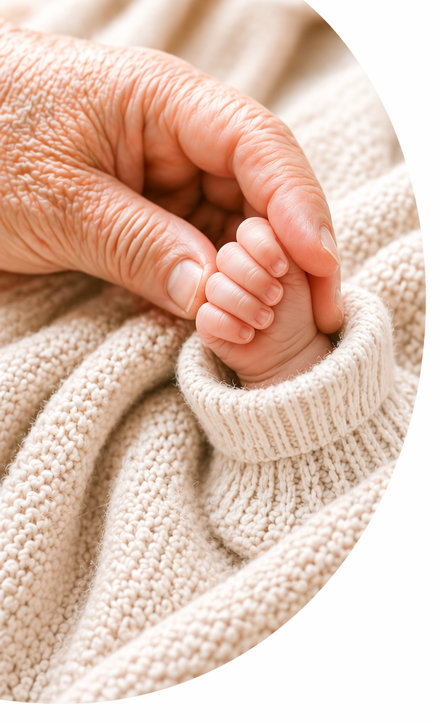 newborn babies hand being held by grandparents hand. Warm neutral blanket lays around them with the wording reassurance, gentle guidance and peace of mind written.