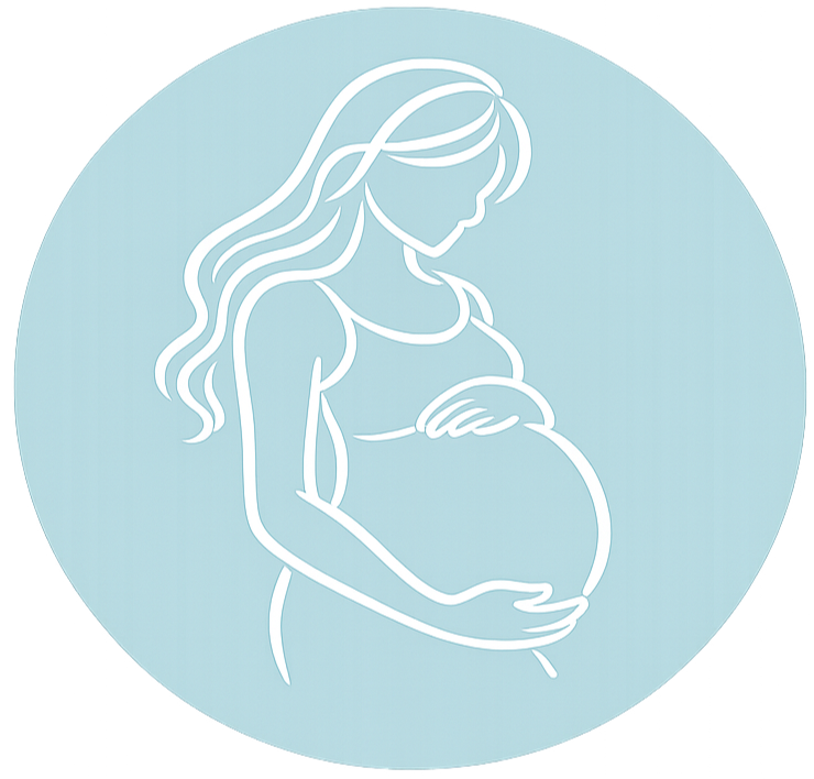 Line drawing of a pregnant woman with long hair, cradling her belly, inside a circular blue background.