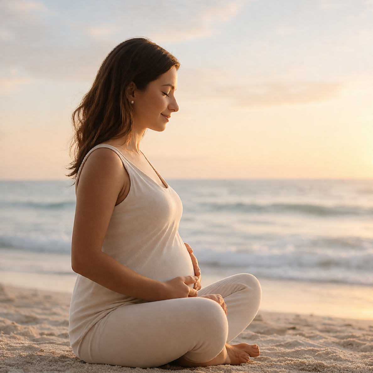 Pregnant woman sat on exmouth beach, relaxed and calm listening to the waves whilst hugging her pregnant bump