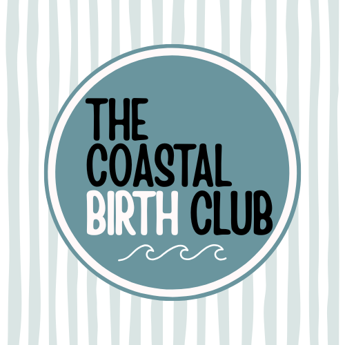 Logo for The Coastal Birth Club with stylized waves and striped background.