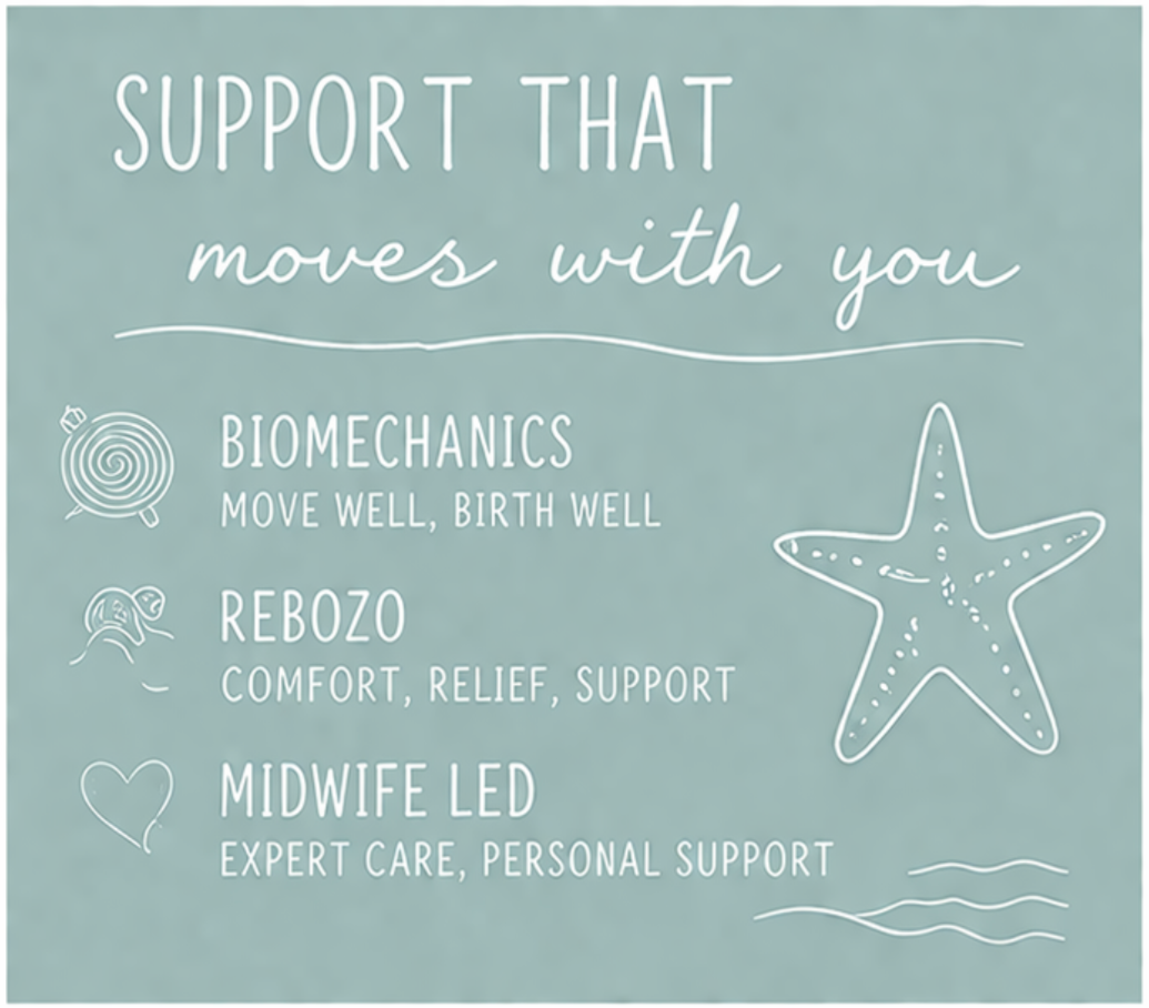 Support that moves with you. Biomechanics, move well and birth well. Rebozo, comfort, relief and support. Midwife led education, expert care and personalised support