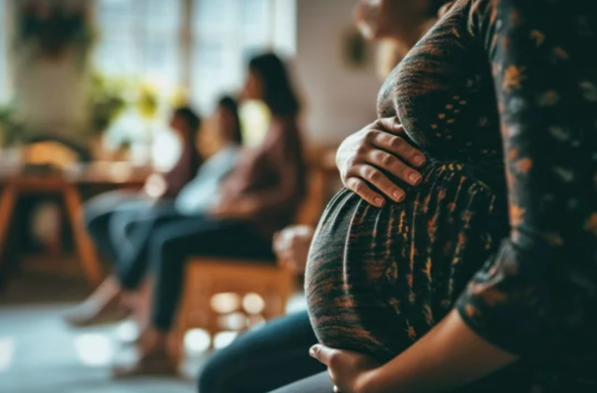 pregnant woman at group antenatal class with hands on baby bump.