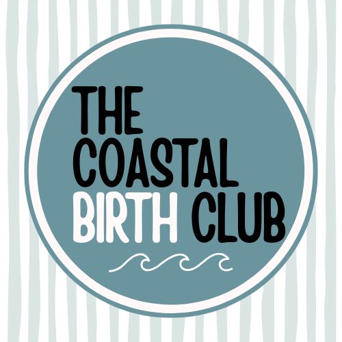Logo for The Coastal Birth Club featuring a round emblem with waves and text in black, white, and teal colors.