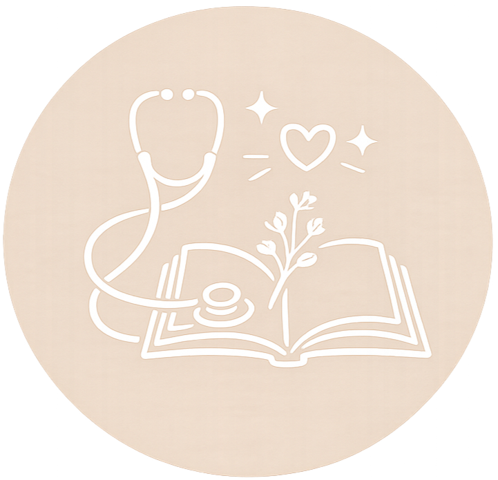 Line drawing of a stethoscope, an open book, a flower, a heart, and sparkles, all depicted in white lines on a beige circular background.