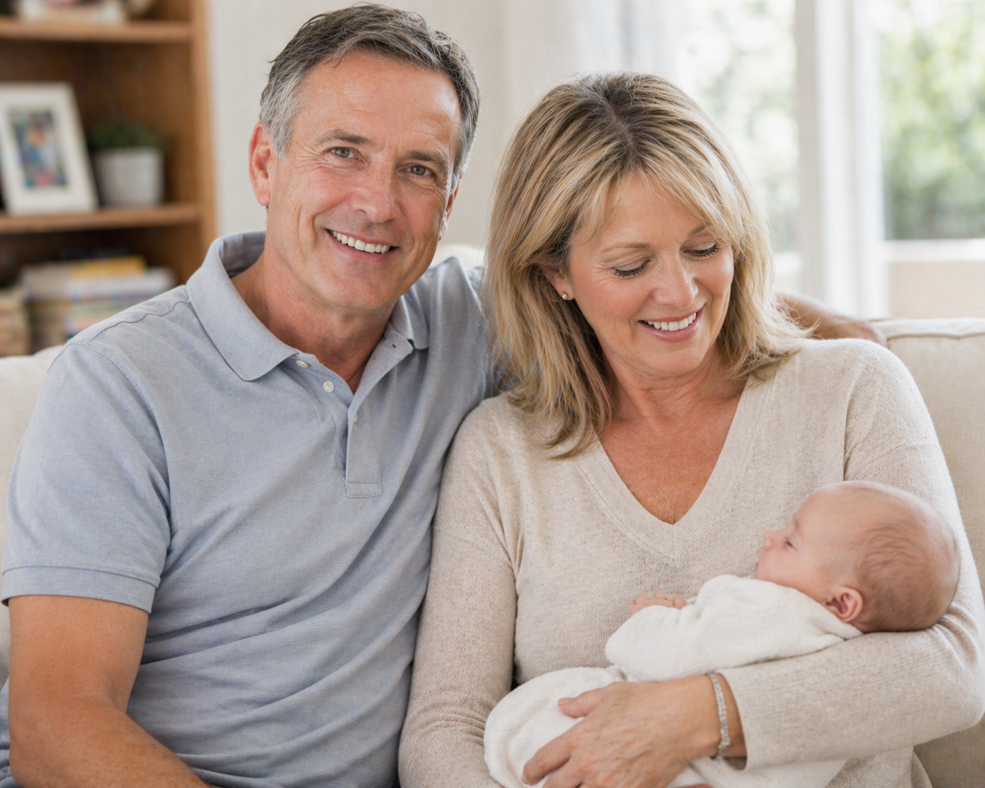 A smiling grandfather and grandmother sitting on a sofa with a newborn baby, with the woman holding the baby. They are in a well-lit living room with bookshelves and a window in the background.