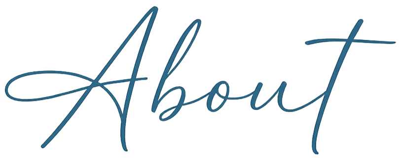 Stylized cursive text that reads 'About' in blue.