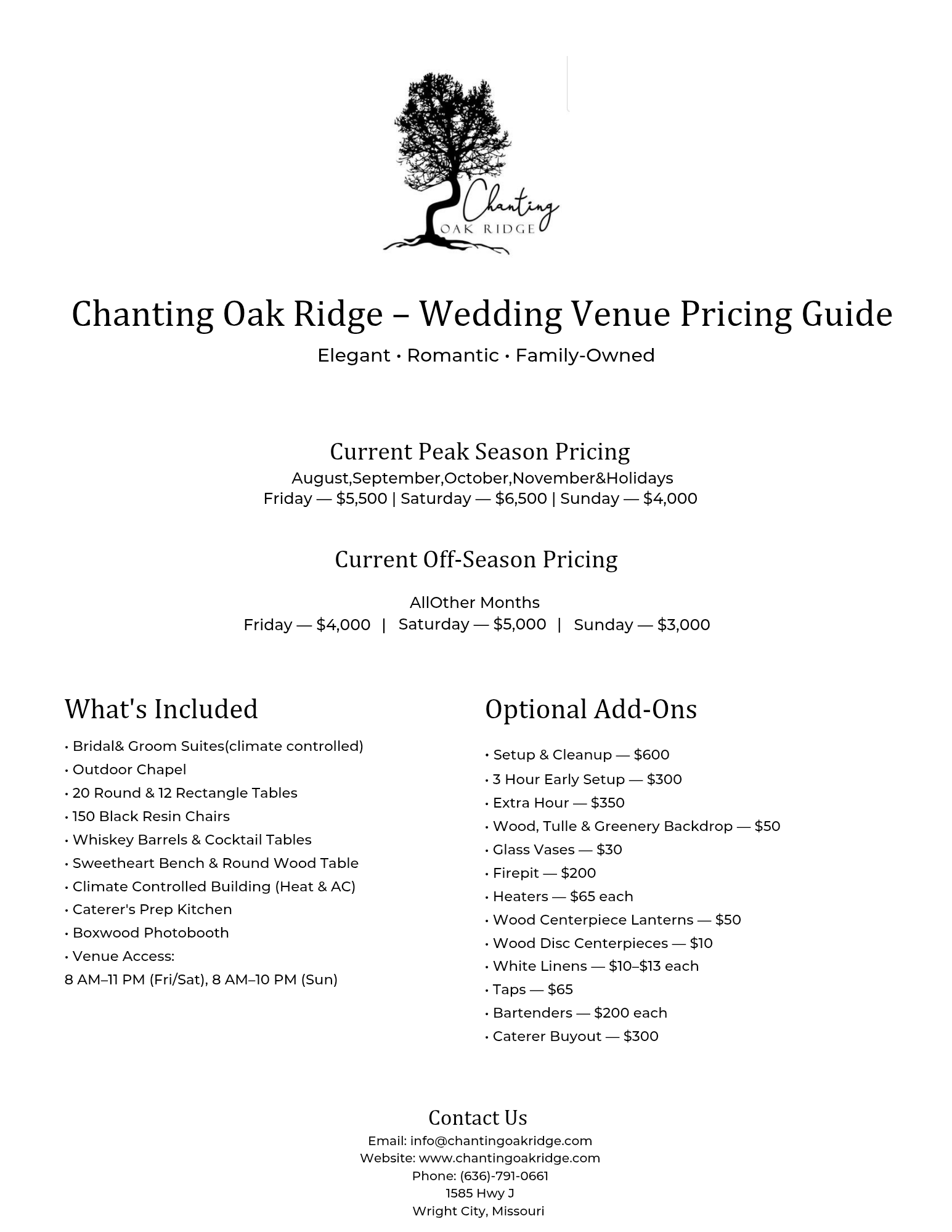 Wedding venue pricing guide for Chanting Oak Ridge, featuring logo with a tree, and sections with peak and off-season prices, included amenities, and optional add-ons.