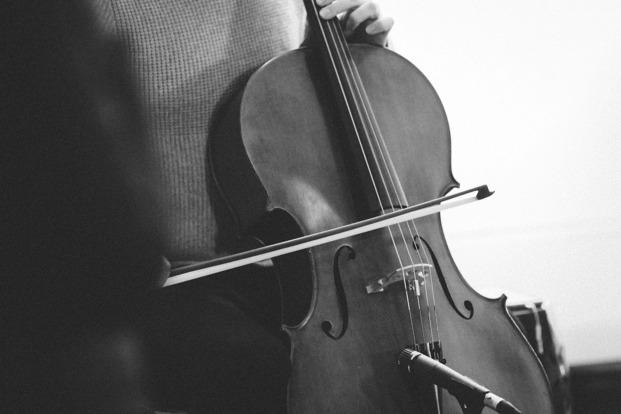 A person playing a violin with a bow, close-up black and white photograph.