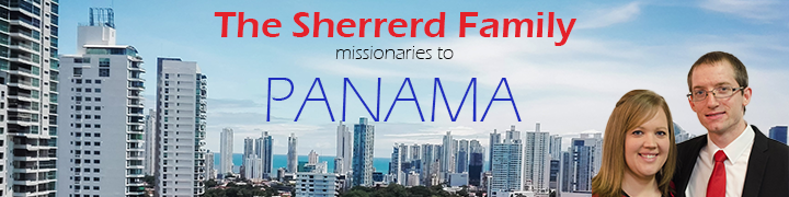 Panoramic view of a city skyline with skyscrapers and high-rise buildings, overlaid with text about the Sherrerd Family missionaries to Panama, featuring a photo of a smiling couple in the bottom right corner.