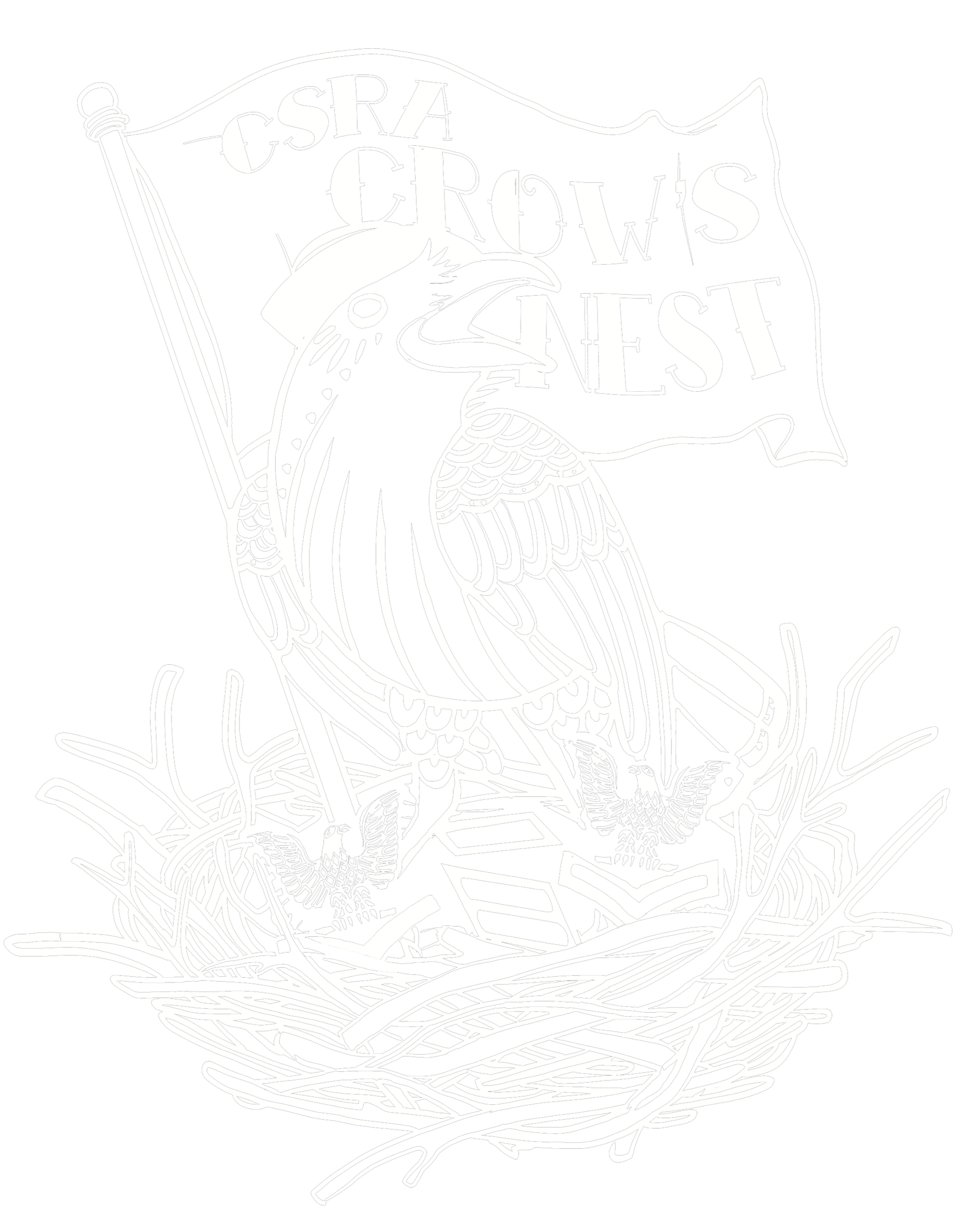 Black and white illustration of a crow sitting on a nest with two eggs. The crow holds a flag reading "CSRA CROWS NEST."