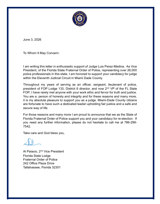 Official Endorsement from the Florida State Fraternal Order of Police