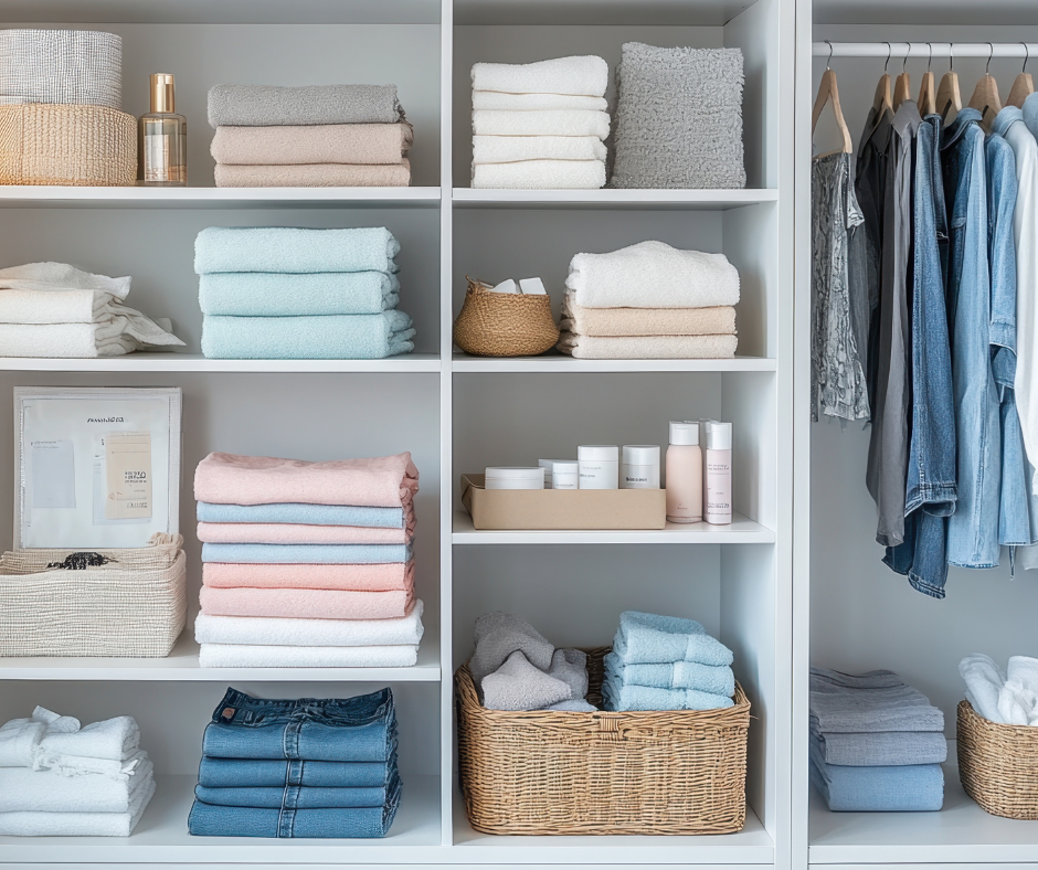 Organized closet with folded towels, baskets, bottles, and hanging clothes in a white shelving unit.