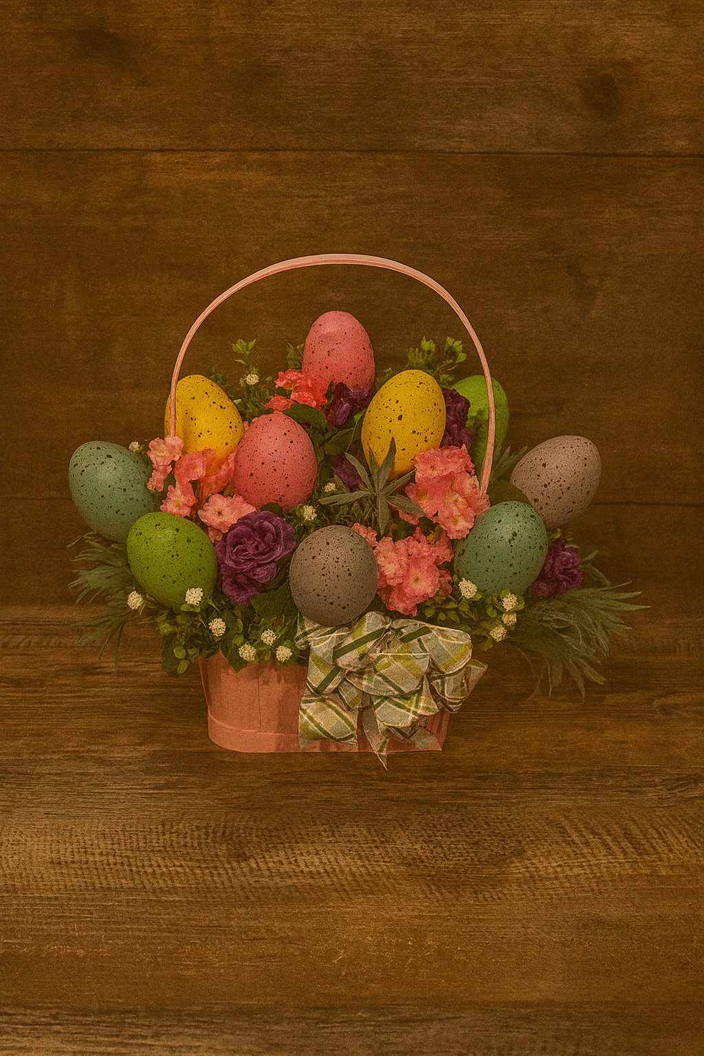 Decorative Easter basket with pastel eggs, pink and purple flowers, and greenery on a wooden surface.