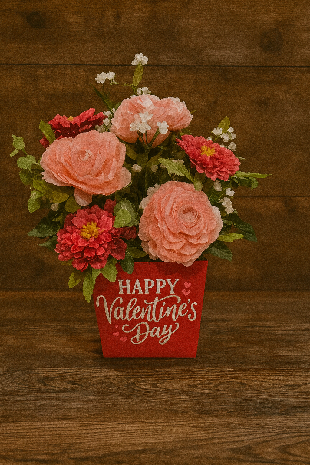 A bouquet of pink roses, red dahlias, and white blossoms in a red container with 'Happy Valentine's Day' written on it, placed on a wooden surface.
