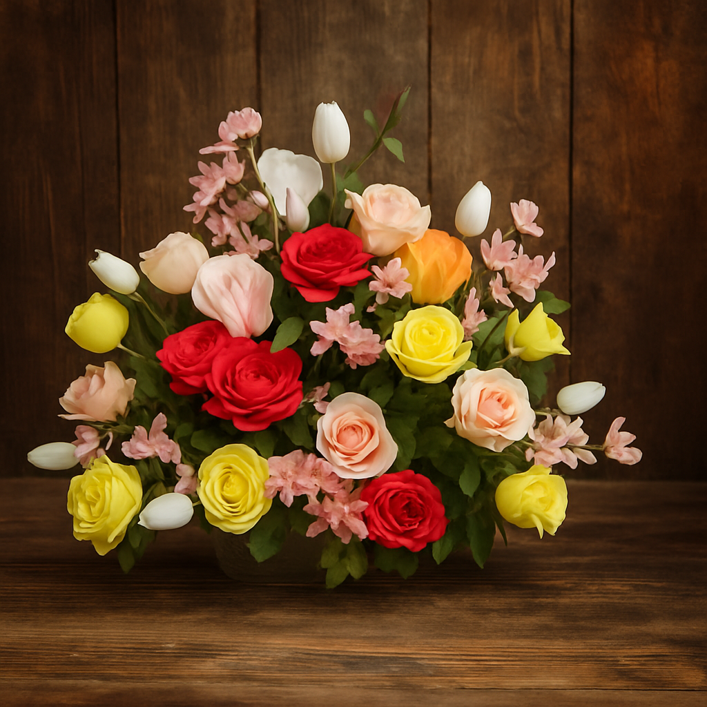A colorful bouquet of roses, tulips, and other flowers in a vase on a wooden surface with a wood-paneled background.