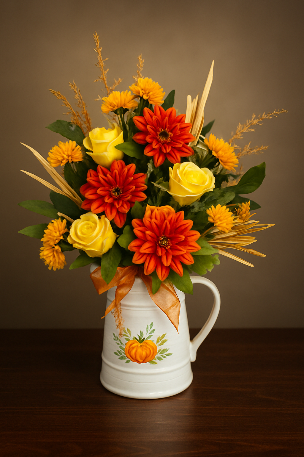 A vibrant seasonal mix featuring bright yellow roses, bold orange daisies, and textured fall accents. This design captures the warmth and color of autumn in a beautiful, long-lasting display. 